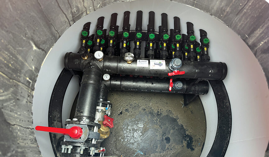 Figure 5: Piping manifold secondary distribution piping to geothermal bore field. Courtesy: CDM Smith