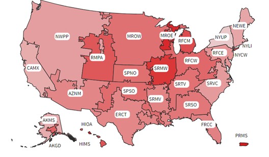Figure 2: This map divides the United States into U.S. Environmental Protection Agency Emissions & Generation Resource Integrated Database (eGRID) subregions. The EPA calculates average emission rates for each subregion. Courtesy: U.S. Environmental Protection Agency
