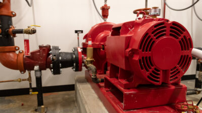Figure 3: A horizontal split-case fire pump installed to boost municipal water pressure for the building’s fire protection systems. Courtesy: HDR