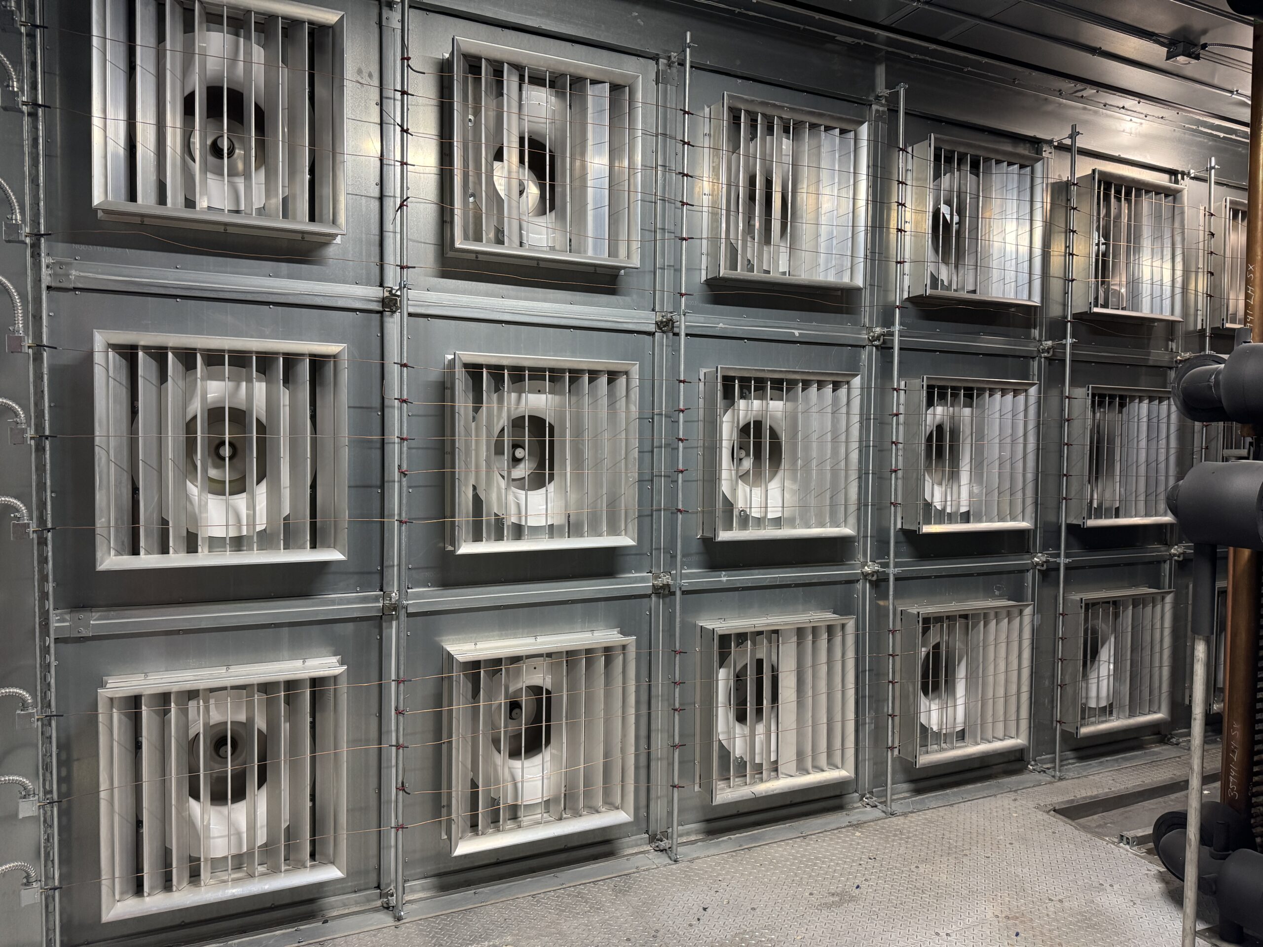 Figure 1: An example of a supply fan array with backdraft dampers. Courtesy: Smith Seckman Reid, Inc.