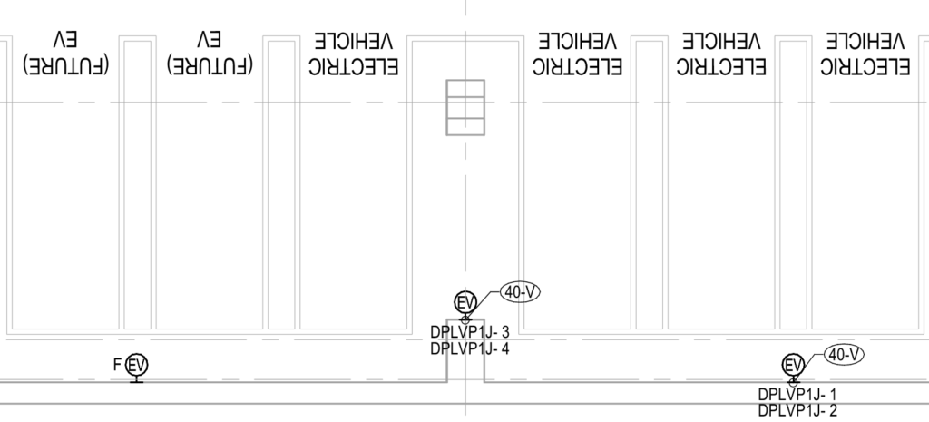Figure 1: An excerpt of the parking garage level P2 power plan with EV installed and EV capable parking spaces for a Virginia Tech project. Courtesy: SmithGroup.