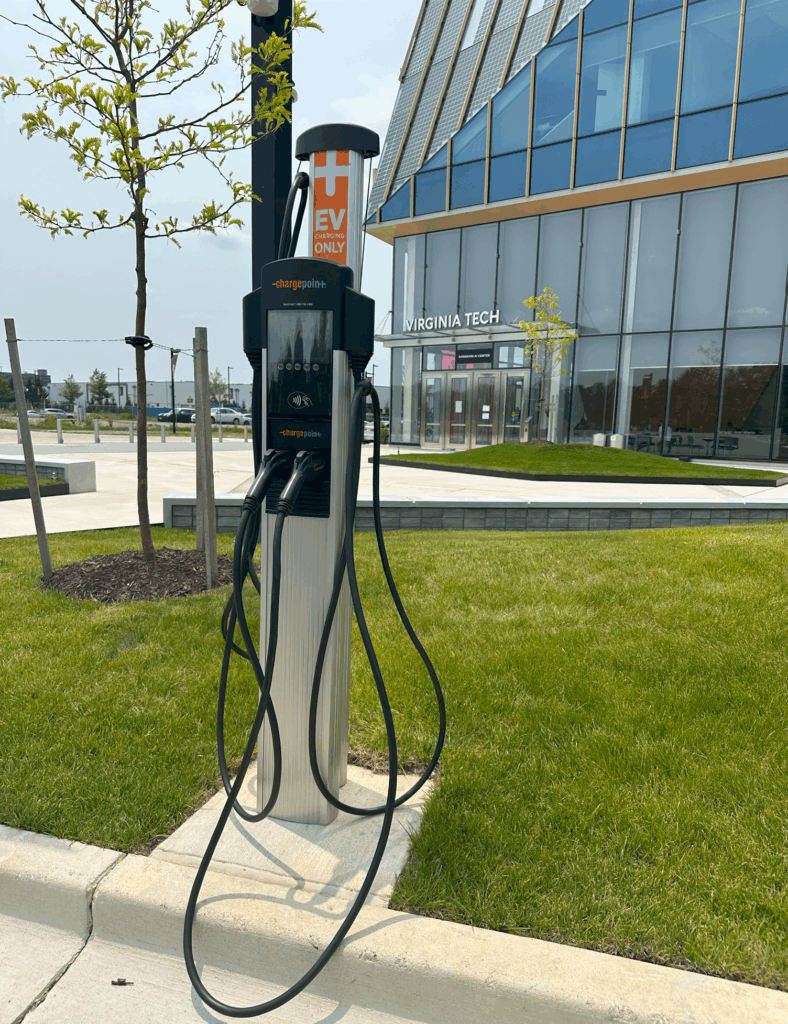 Figure 2: ChargePoint products provided dual-port electric vehicle service equipment for a college campus project. Courtesy: SmithGroup