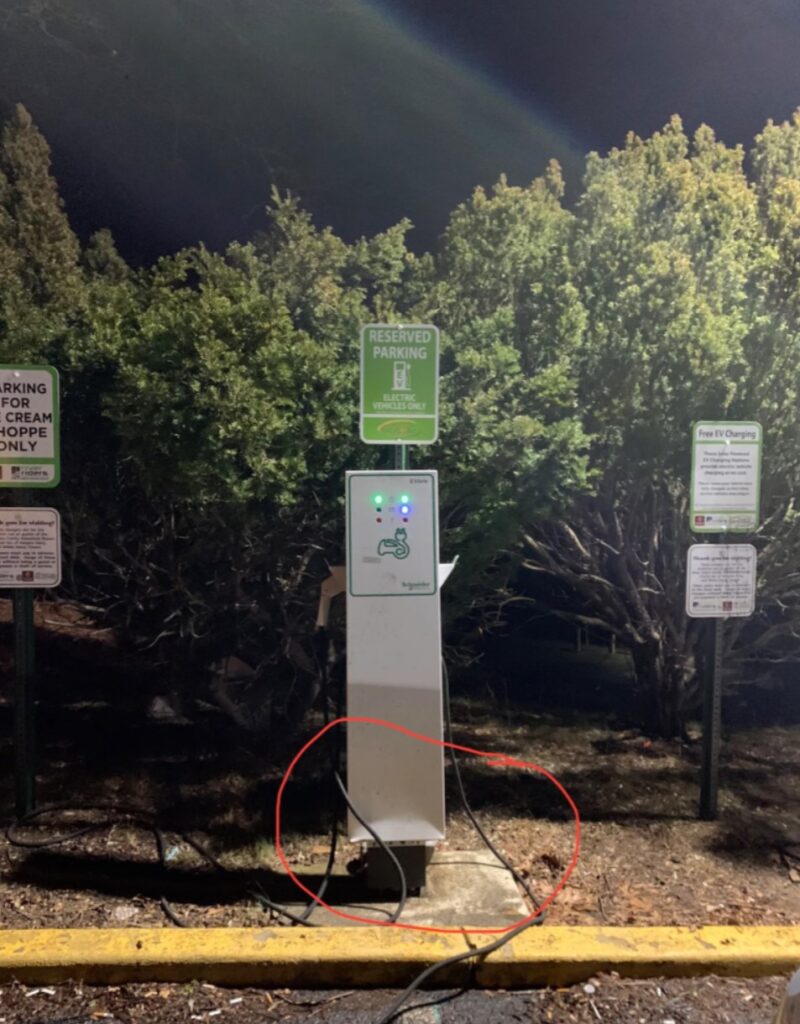 Figure 4: An EV charging station that has been damaged due to a collision. The EV charging station did not have any physical barriers, such as bollards and guards, installed. Courtesy: CDM Smith