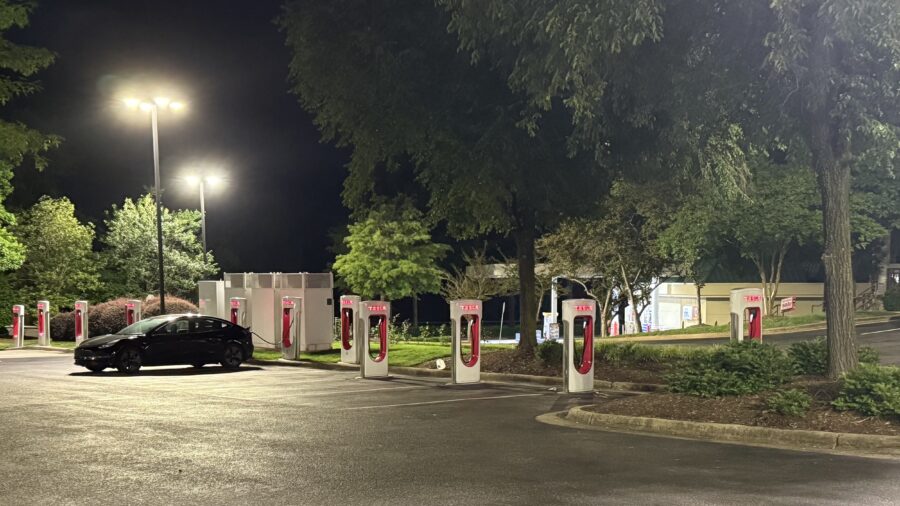 Figure 5: A Tesla charging station is pictured at night with adequate lighting. Courtesy: CDM Smith