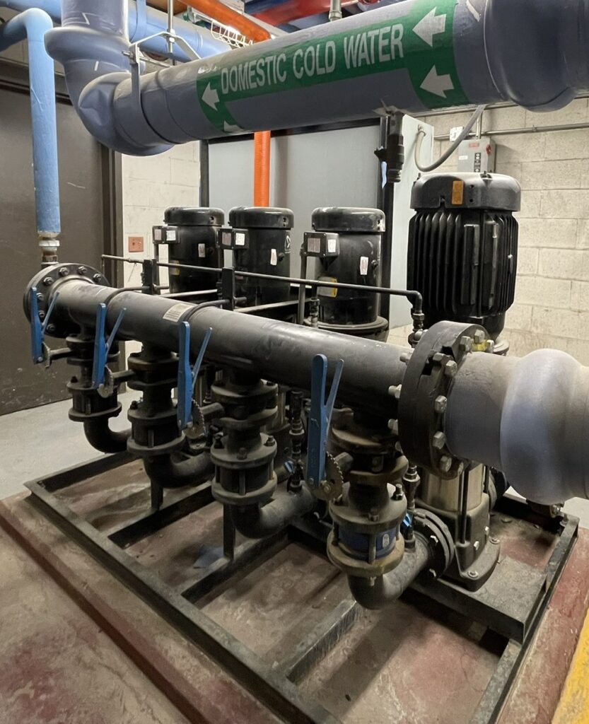 Figure 1: Example of a vertical multistage domestic water booster pump. The unit has four pumps working together in series. Courtesy: WSP