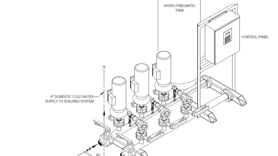 Figure 2: A detail of a vertical multistage domestic water booster pump assembly. The unit is a triplex skid mounted assembly with a hydro-pneumatic tank, control panel with variable frequency drive capabilities, and a pump bypass. Courtesy: WSP