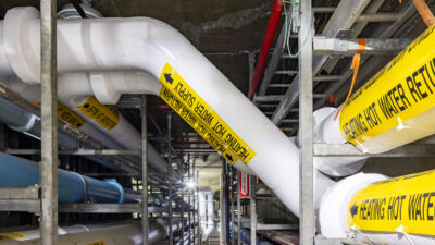 Orange County Sanitation District Plant 1 heating hot water recovery tunnel piping. Courtesy: HDR