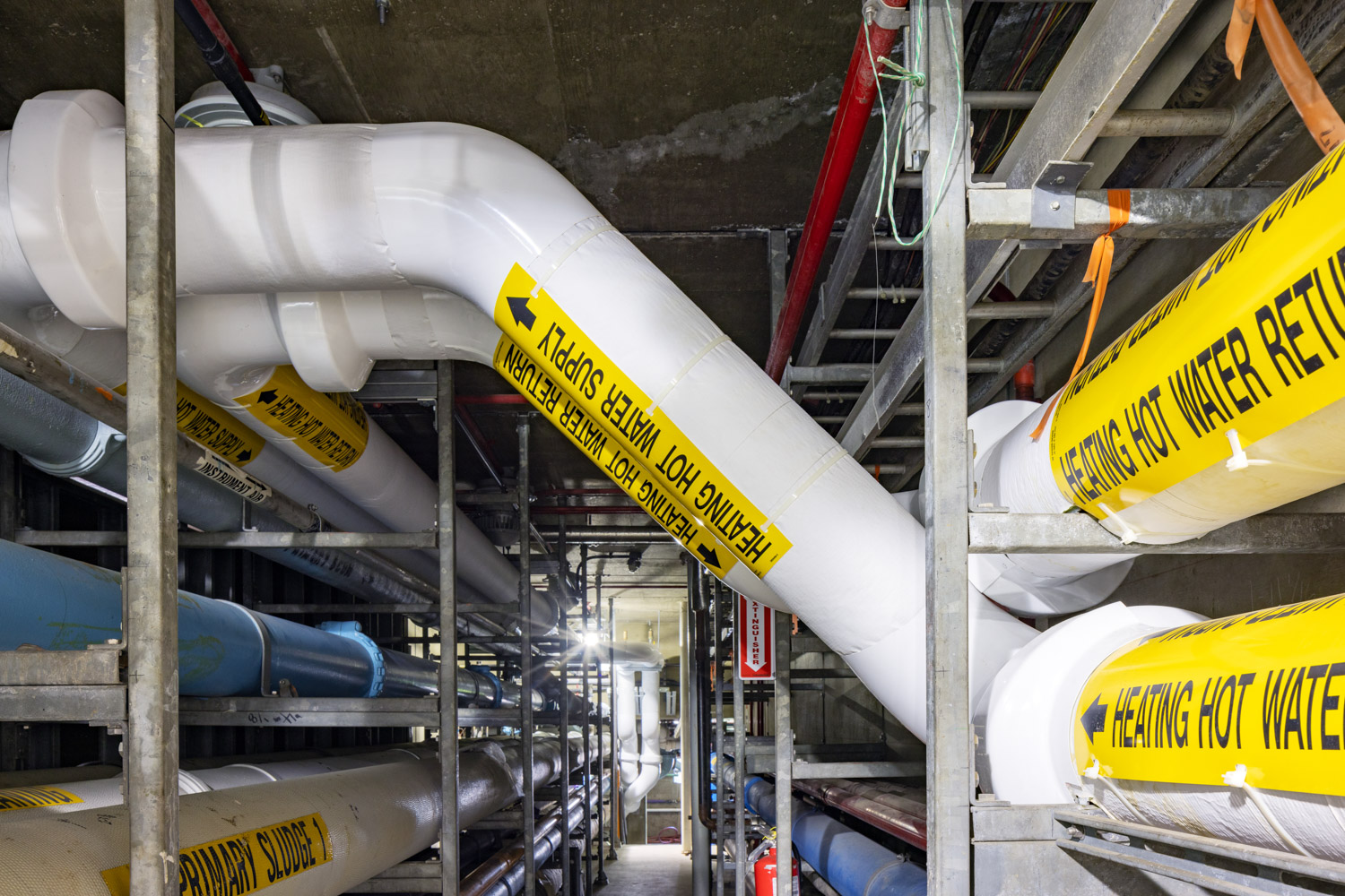 Orange County Sanitation District Plant 1 heating hot water recovery tunnel piping. Courtesy: HDR