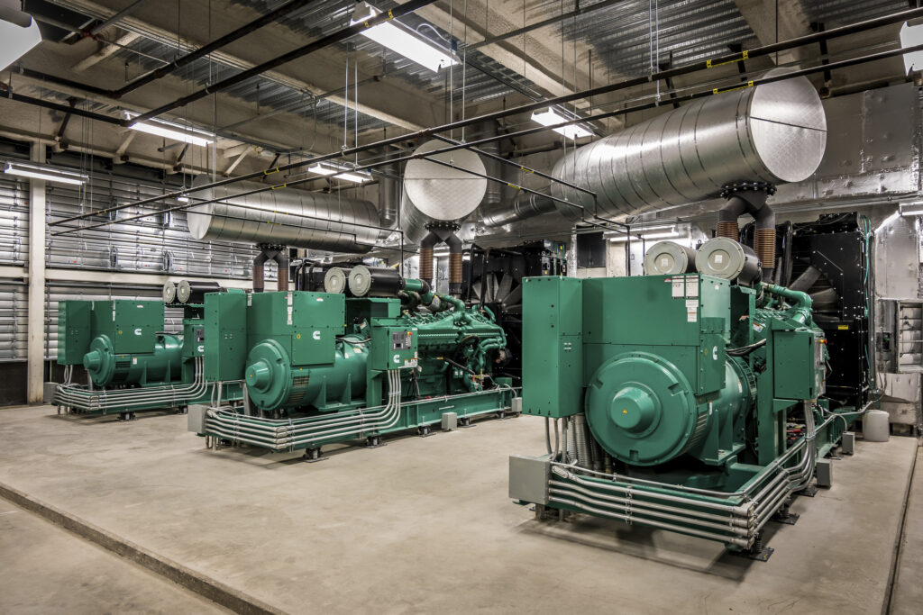 Figure 2: Example of an interior generator plant for a regional hospital. The plant consists of three 1,500-kilowatt diesel gensets that are paralleled to support the essential power system. Courtesy: CannonDesign