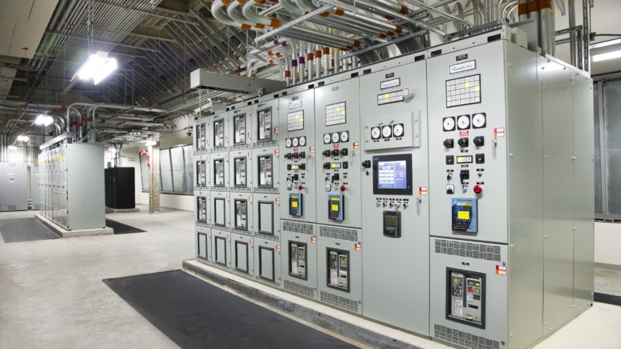 Figure 3: Example of paralleling switchgear with touchscreen interface and three generator control sections. Unseen are the hot-swappable, dual redundant programmable logic controllers. Courtesy: Kevin G. Reeves, CannonDesign