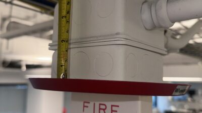 This image illustrates the additional junction box depth required to accommodate the fire alarm notification appliance speaker cone, which won’t fit in a typical 2.125-inch deep junction box. Courtesy: McGuire Engineers