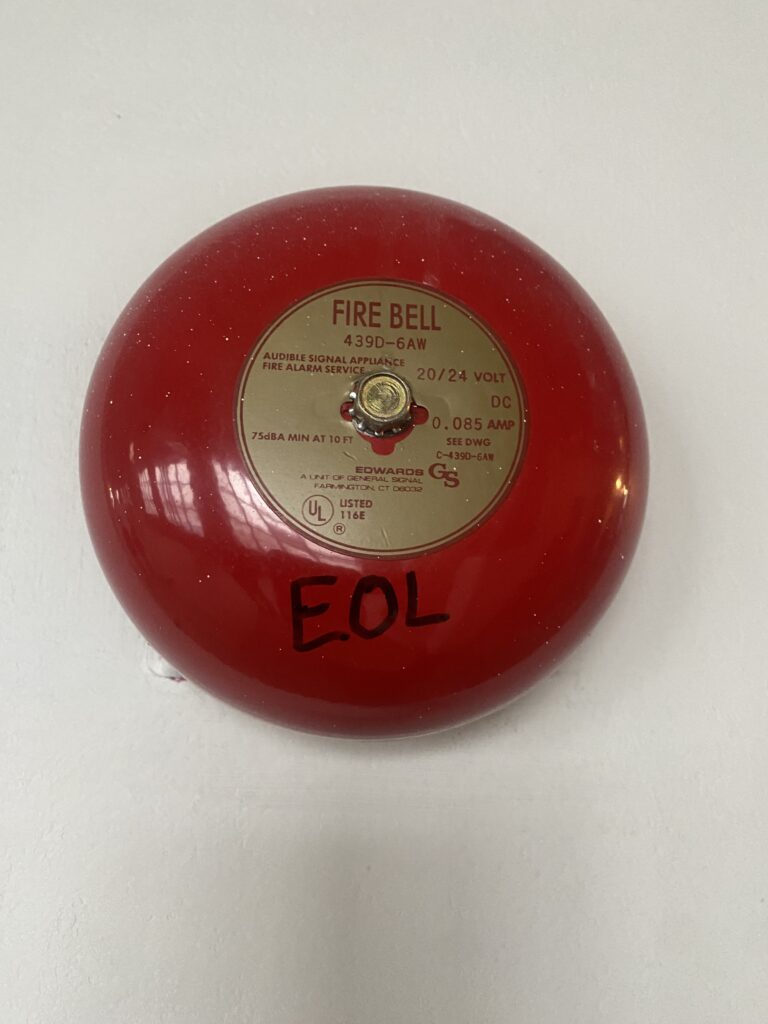 A traditional fire alarm bell that produces a continuous fire alarm signal does not comply with current Temporal 3 tone requirements. Courtesy: McGuire Engineers Inc.