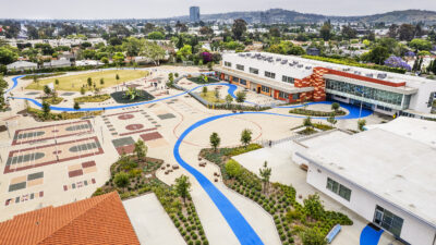 Los Angeles Unified School District Shenandoah Elementary School’s modular buildings were removed and replaced with a new two-story classroom building. The building is solar-ready with photovoltaic supports, integrated lighting systems connected to the building automation system, a large outdoor play area and high CHPS rating. Courtesy: Cannon Design