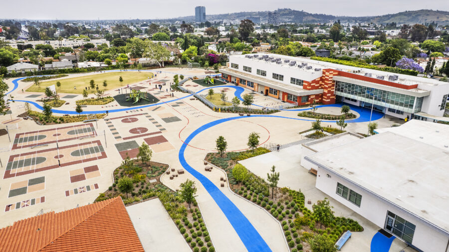 Los Angeles Unified School District Shenandoah Elementary School’s modular buildings were removed and replaced with a new two-story classroom building. The building is solar-ready with photovoltaic supports, integrated lighting systems connected to the building automation system, a large outdoor play area and high CHPS rating. Courtesy: Cannon Design
