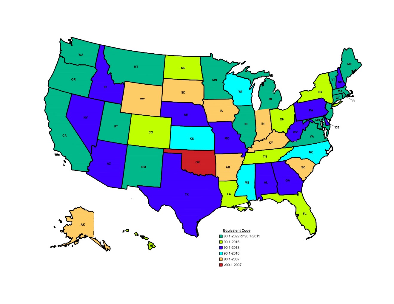 Figure 1: Map of the equivalent energy codes by state. Information courtesy of the Office of Energy Efficiency and Renewable Energy webpage. Courtesy: CDM Smith