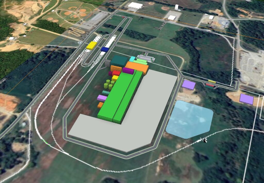 Figure 3: Assisted by AI-powered TestFit, engineers quickly provided multiple viable site layouts for a shingle manufacturer’s proposed new site and rail spur. Courtesy: IMEG