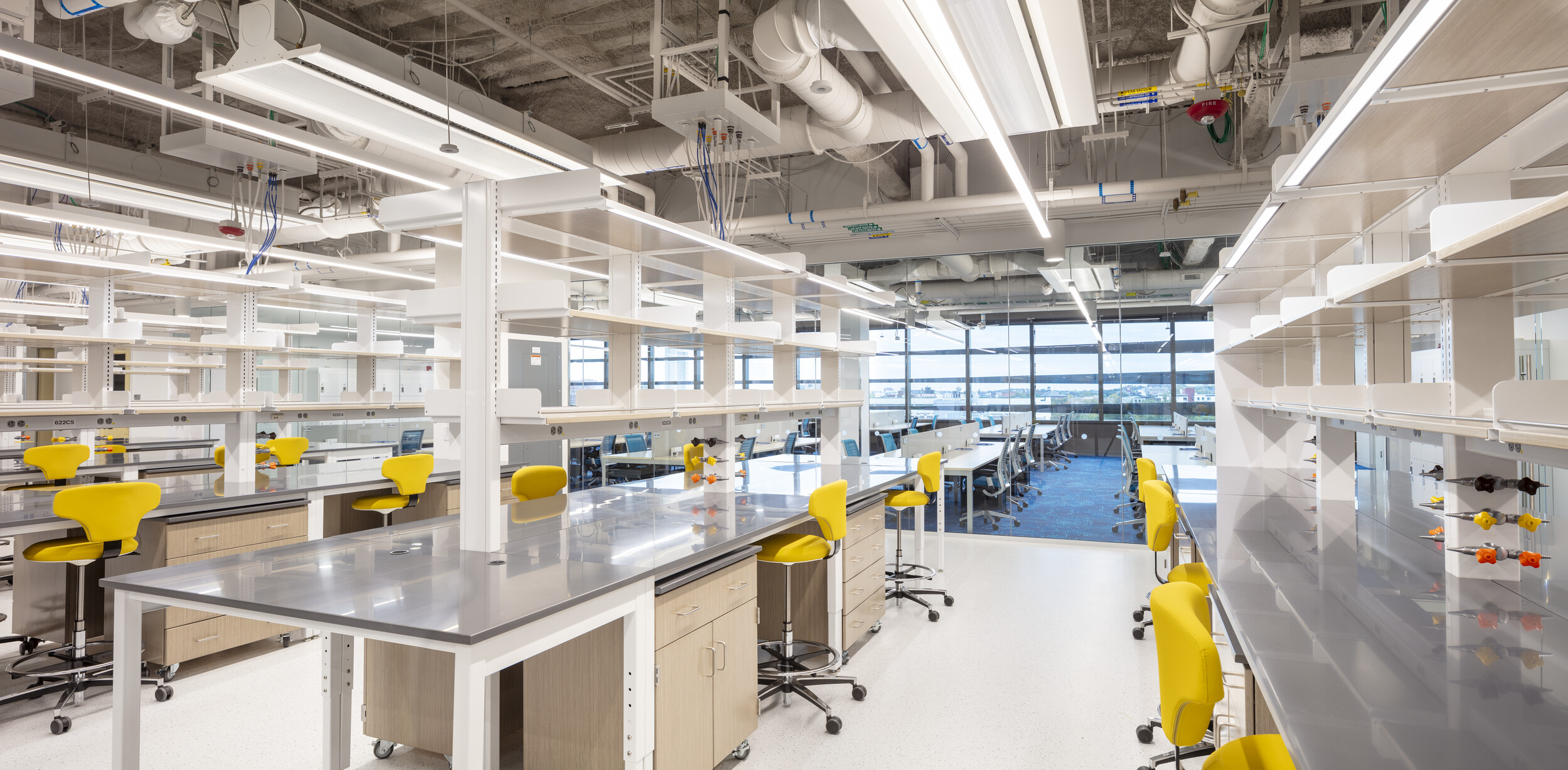 Research labs use ambient linear lighting controlled via occupancy sensors and local switching with full dimming capability. Supplemental task lighting is provided by lab-bench-integrated task lights with individual control and occupancy sensing. Courtesy: Warren Jagger Photography, Arup