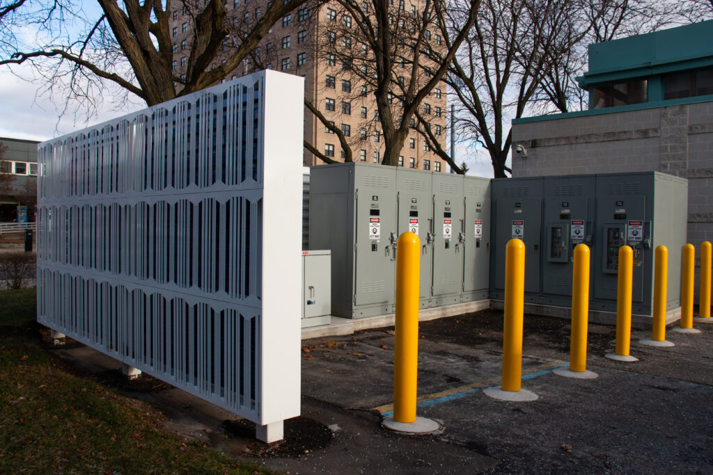 Figure 2: Architectural screen wall, which shields the new switchgear from view along the adjacent public ways. Courtesy: SmithGroup
