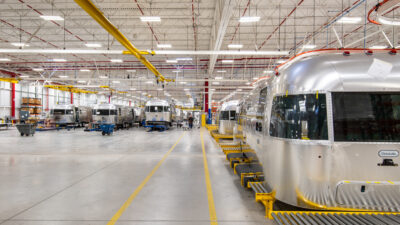 The 757,750-square-foot Airstream production facility was designed to support large-scale manufacturing operations with flexible production space, integrated material handling systems and high-bay infrastructure optimized for operational efficiency and long-term adaptability. Courtesy: Bella Photographics/IMEG