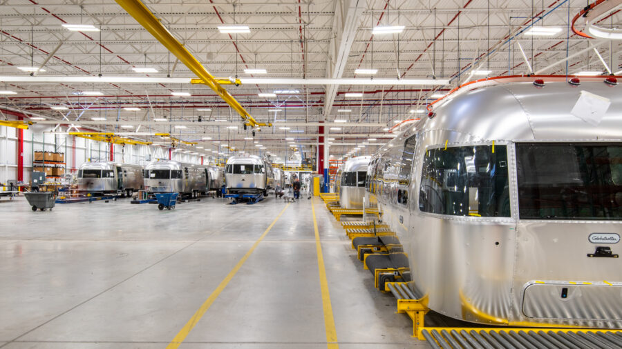 The 757,750-square-foot Airstream production facility was designed to support large-scale manufacturing operations with flexible production space, integrated material handling systems and high-bay infrastructure optimized for operational efficiency and long-term adaptability. Courtesy: Bella Photographics/IMEG