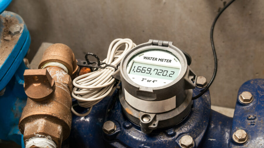 Water meter in building with commercial and residential units. Digital measuring device for water usage of property and accuracy in billing of water consumption.