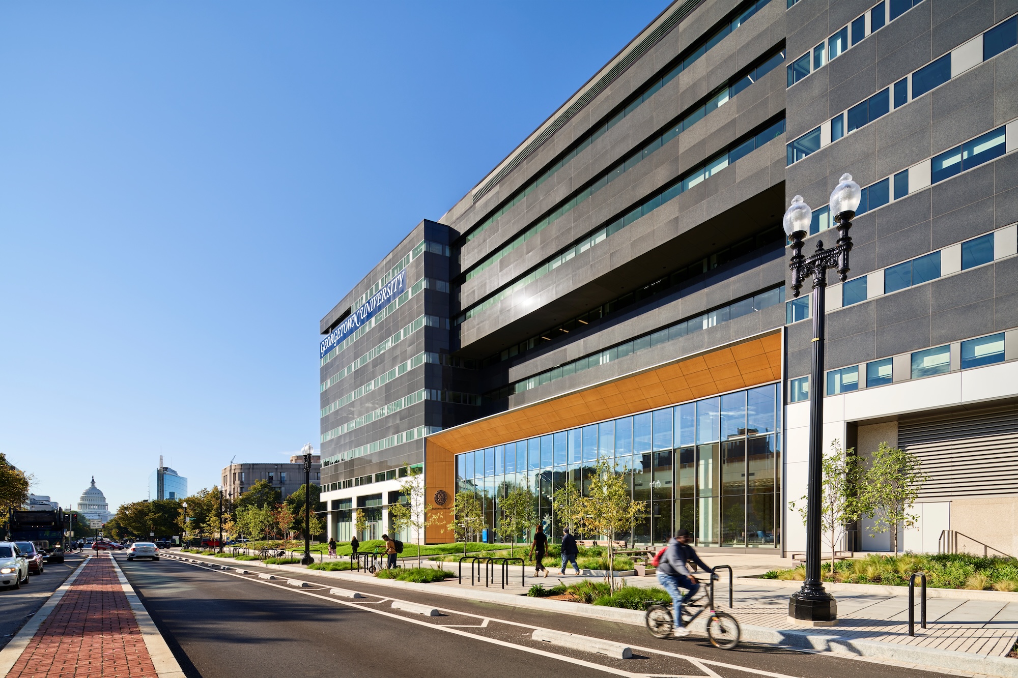 Georgetown University 111 Massachusetts Ave. design-build project. Exterior facade following adaptive reuse and transformation of a Class A office tower for academic use. Courtesy: SmithGroup