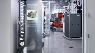 Figure 4: Virginia Tech’s Innovation Campus Academic Building 1 rainwater harvesting system equipment room. Courtesy: SmithGroup