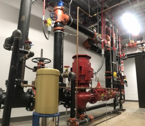 Figure 1: A vertical inline fire pump is equipped with a flowmeter bypass and a low suction throttling valve. Courtesy: Dewberry