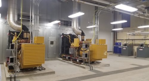 Figure 4: Two relocated 4,160-V, 600-kW diesel generators in a remodeled space that was planned for three 1,000-kW generators. Courtesy: IMEG Corp.