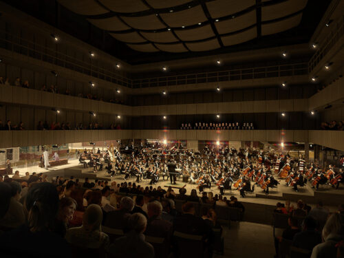 Brown University Lindemann Performing Arts Center Main Hall orchestra configuration, with the ability to add an 80-singer chorus. Courtesy REX Architecture