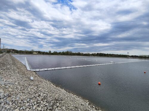 Figure 1: A floating solar photovoltaic array used in conjunction with a battery energy storage system. Courtesy: CDM Smith