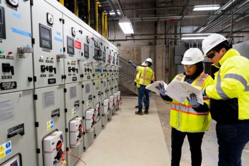 Figure 1: Employees coordinate with facility teams to verify electrical equipment is in safe condition so they can perform assessments to better support facility teams during construction and commissioning of new electrical equipment. Courtesy: Dewberry